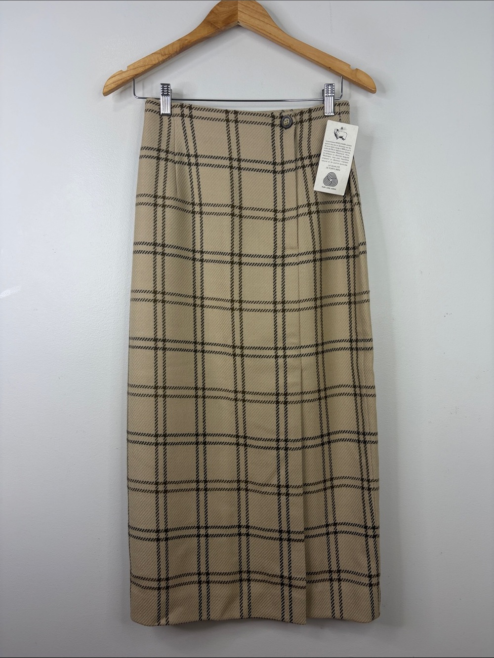 New Vintage Skirt Womens 4 Beige Black Check Wool Faux Wrap Long Midi Maxi